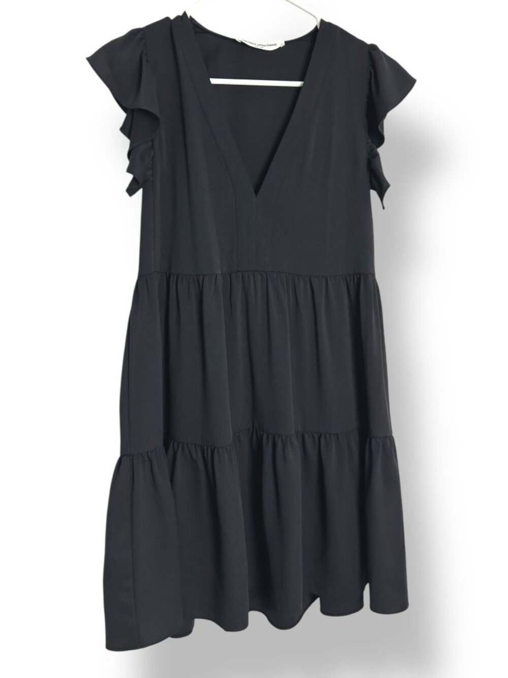 Amanda Uprichard Black Tiered Norma Dress Flutter Sleeves VNeck Sz XS